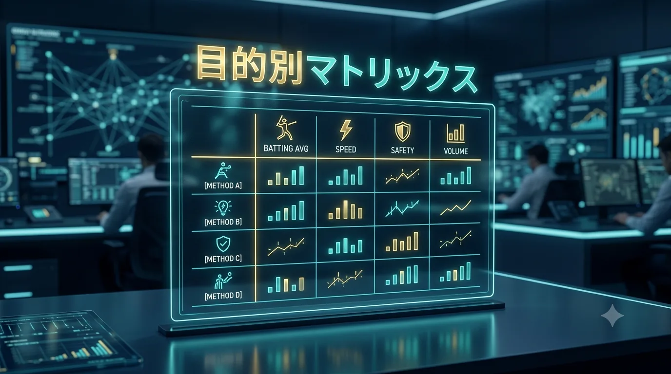 目的別アプリ比較マトリックス(打率・スピード・安全・母数)